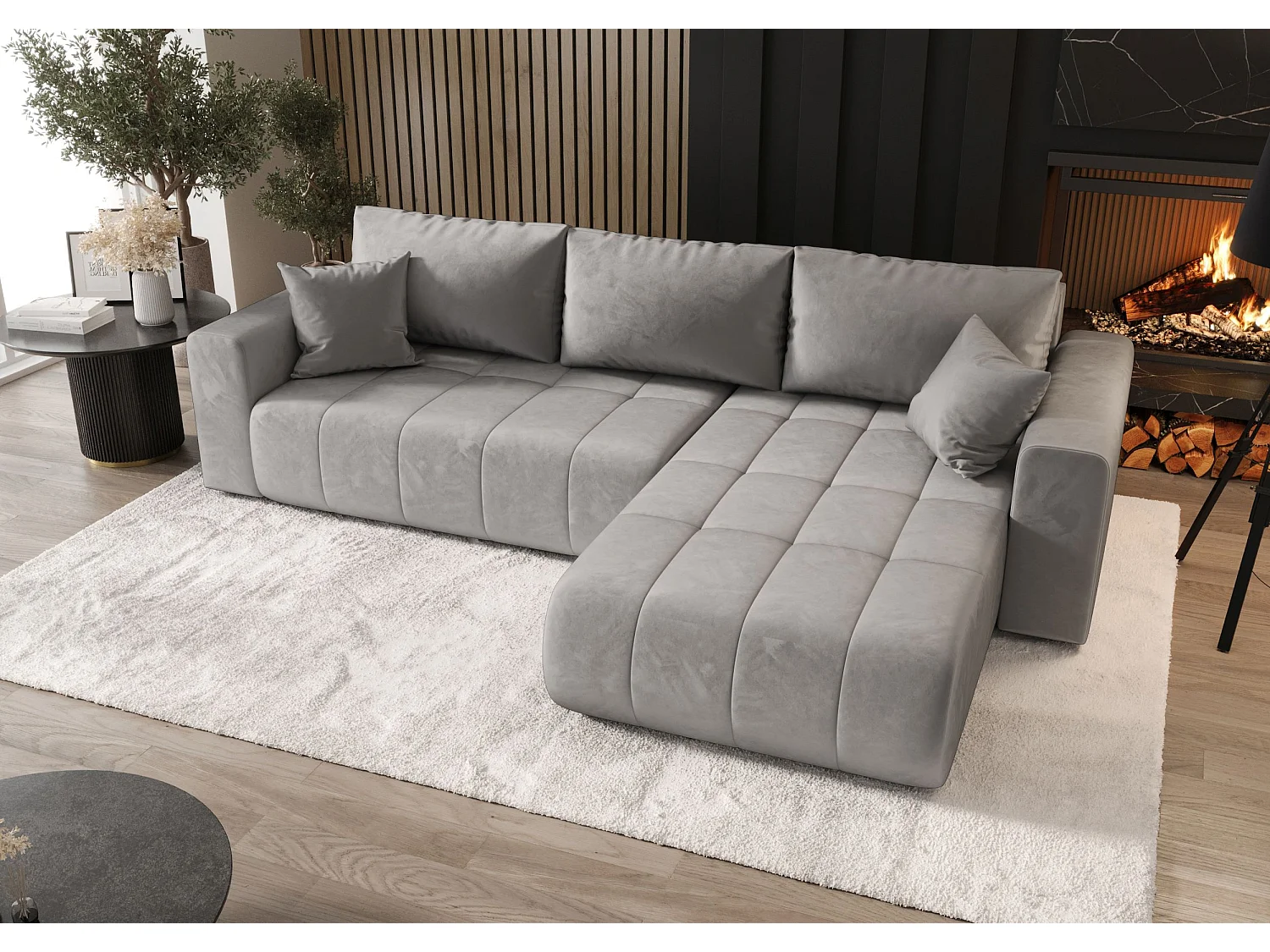 Canapé d'angle LARA droit gris clair velours Monolith 84 - fonction couchage, coffre à literie