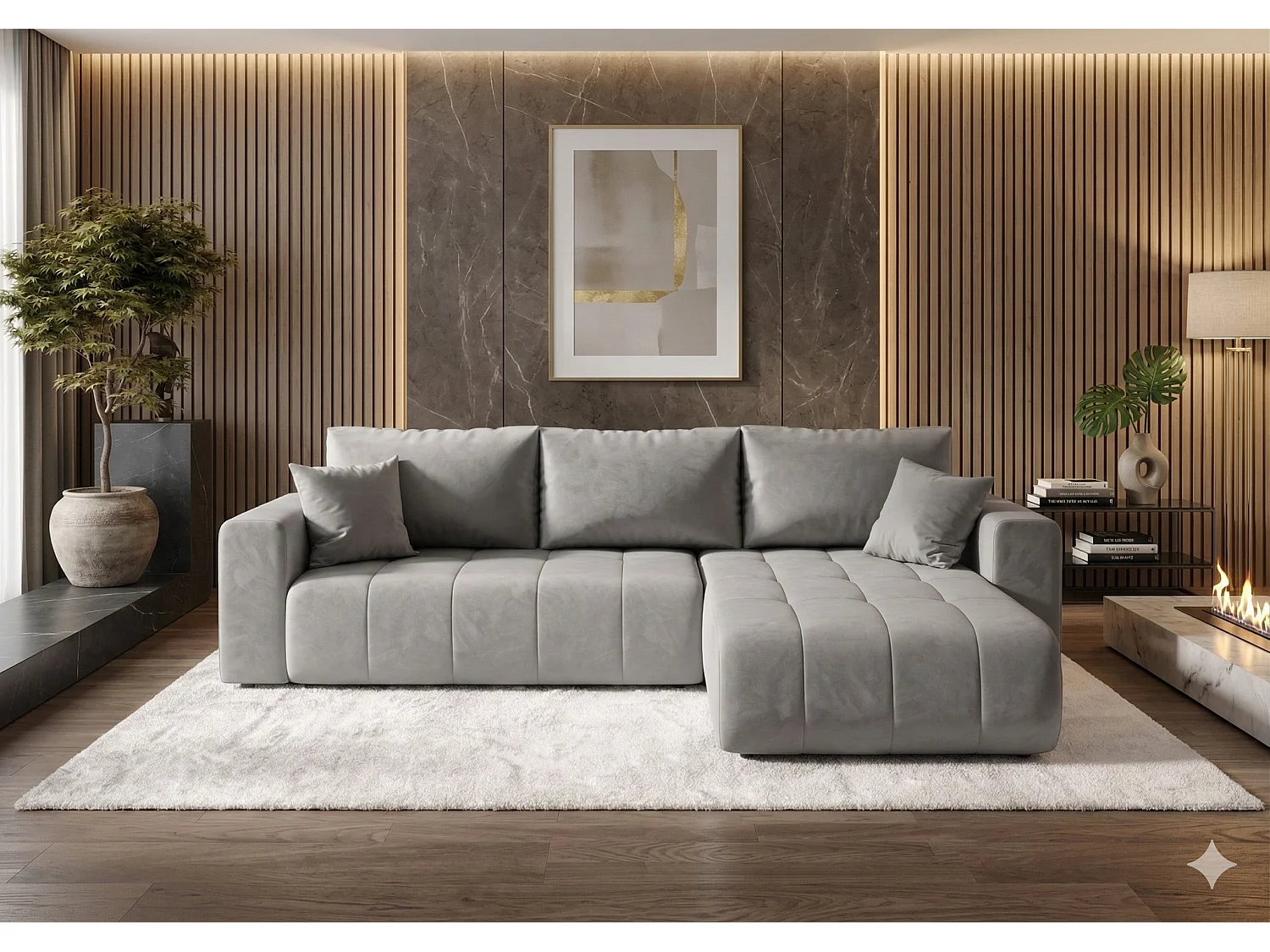 Canapé d'angle convertible en velours MILO-Gris clair-angle droit