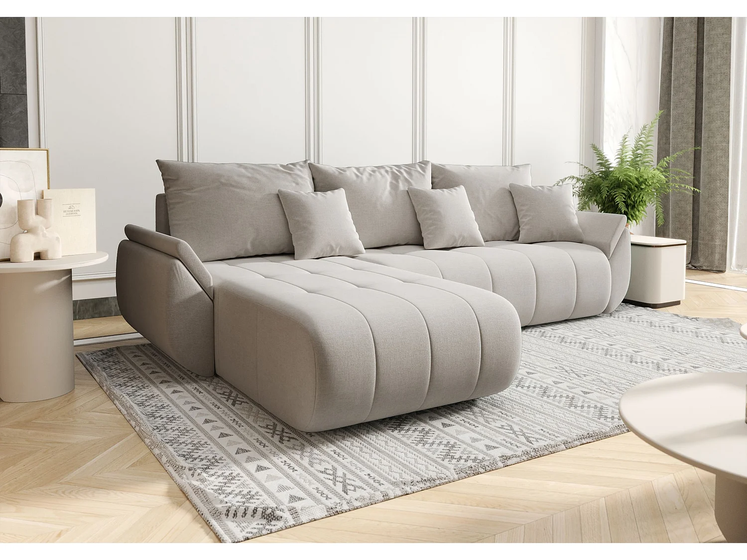 Canapé d'angle SYDNEY gauche beige clair tricot Wind 5 - fonction couchage, coffre à literie