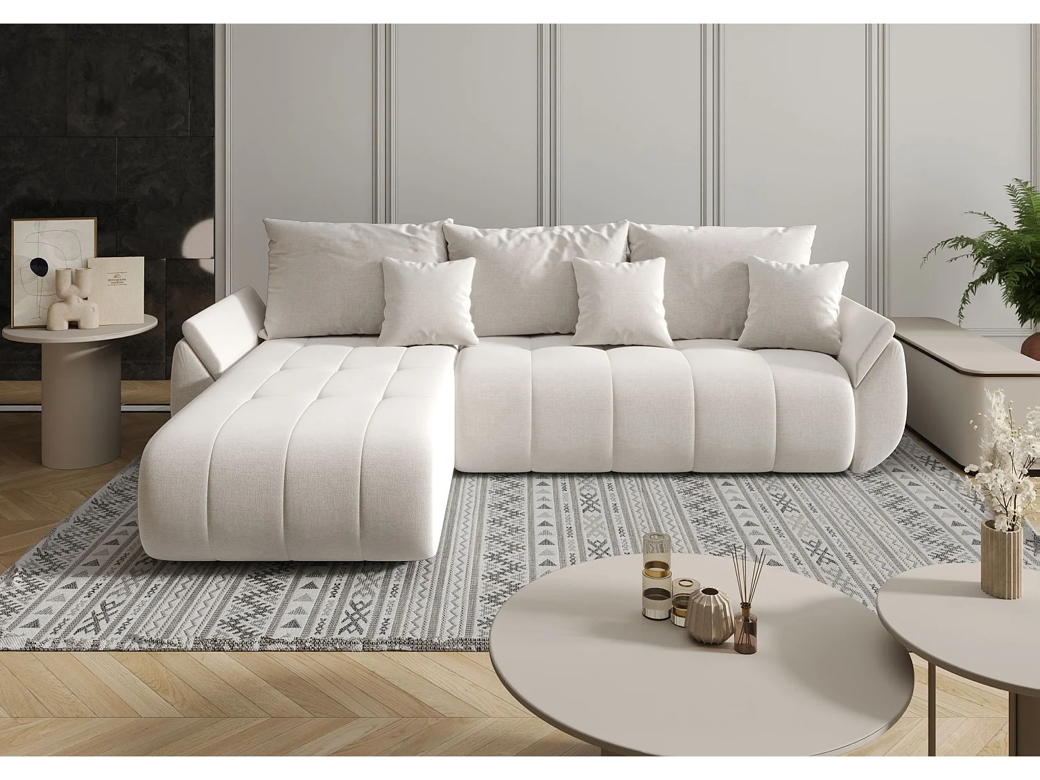 Canapé d'angle SYDNEY gauche beige clair tricot Wind 5 - fonction couchage, coffre à literie