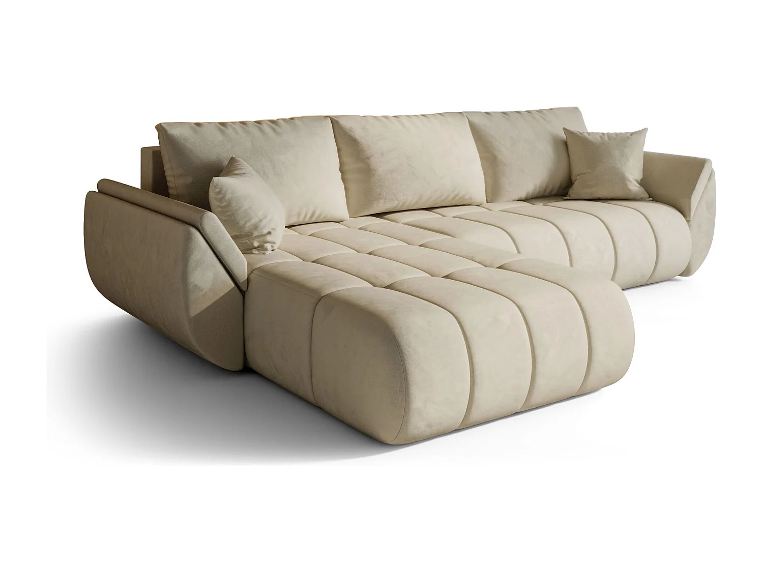 Canapé d'angle SYDNEY PREMIUM gauche beige velours Monolith 2 - fonction couchage, coffre à literie