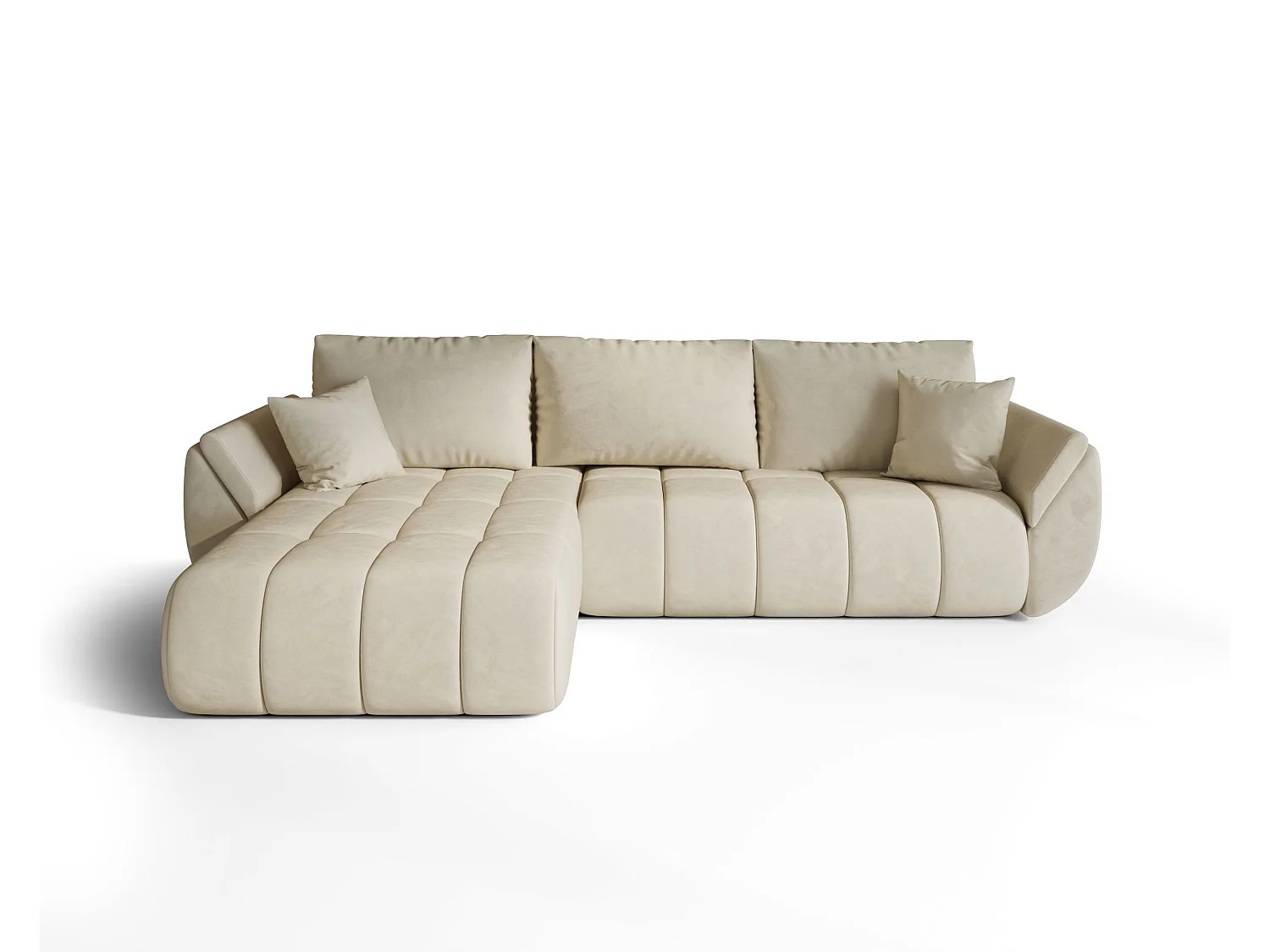 Canapé d'angle SYDNEY PREMIUM gauche beige velours Monolith 2 - fonction couchage, coffre à literie