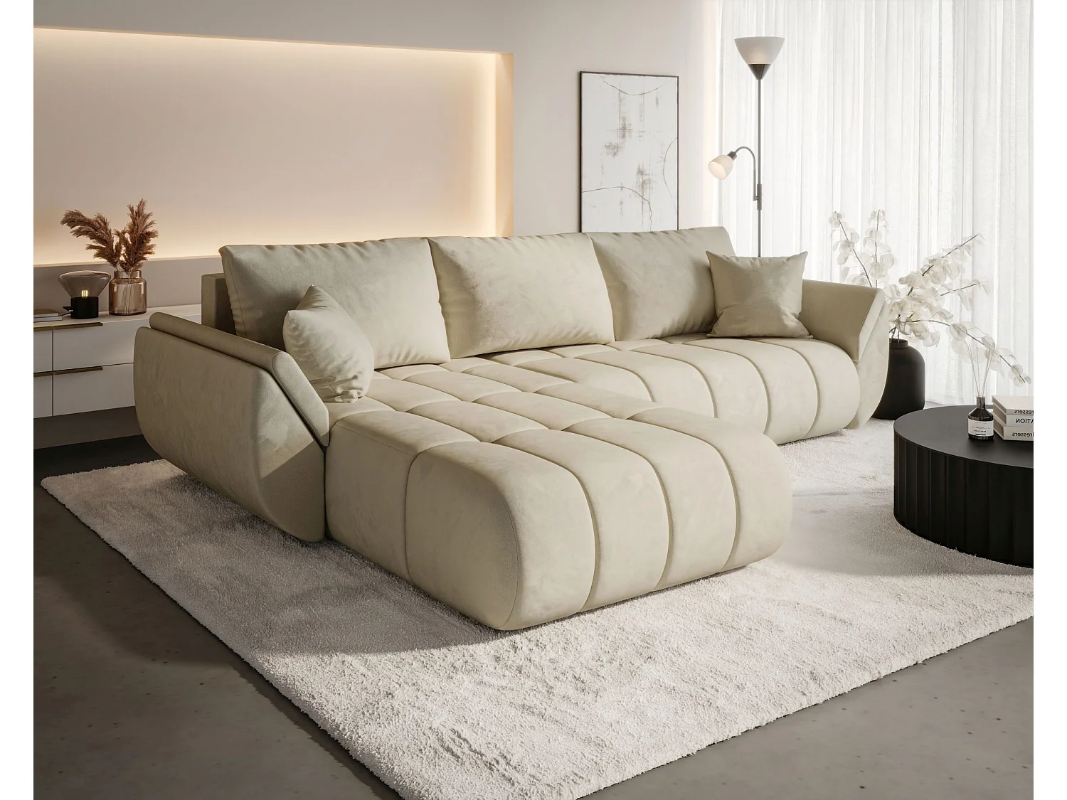 Canapé d'angle SYDNEY PREMIUM gauche beige velours Monolith 2 - fonction couchage, coffre à literie