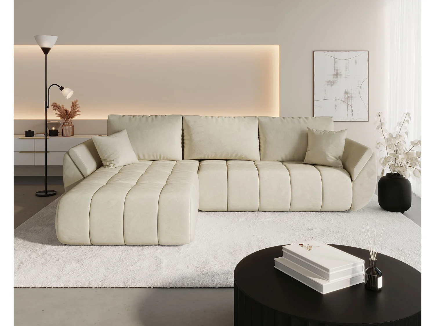 Canapé d'angle SYDNEY PREMIUM gauche beige velours Monolith 2 - fonction couchage, coffre à literie