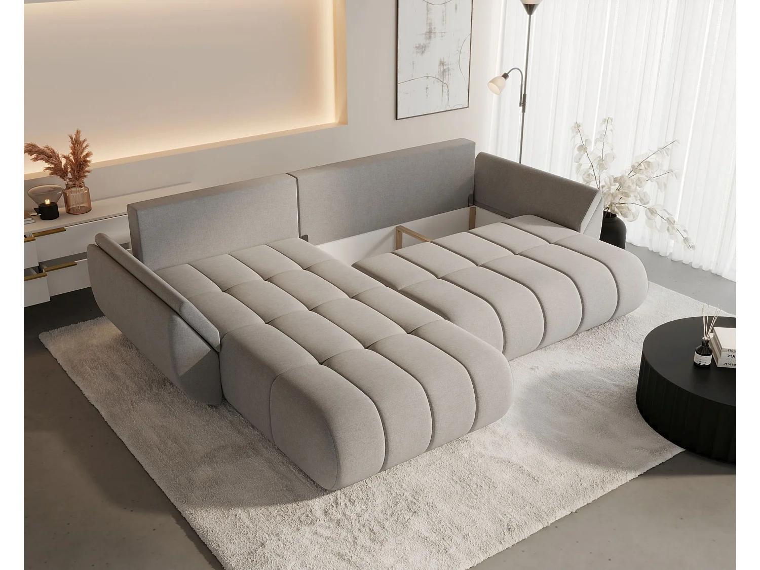 Canapé d'angle SYDNEY PREMIUM gauche beige velours Monolith 2 - fonction couchage, coffre à literie