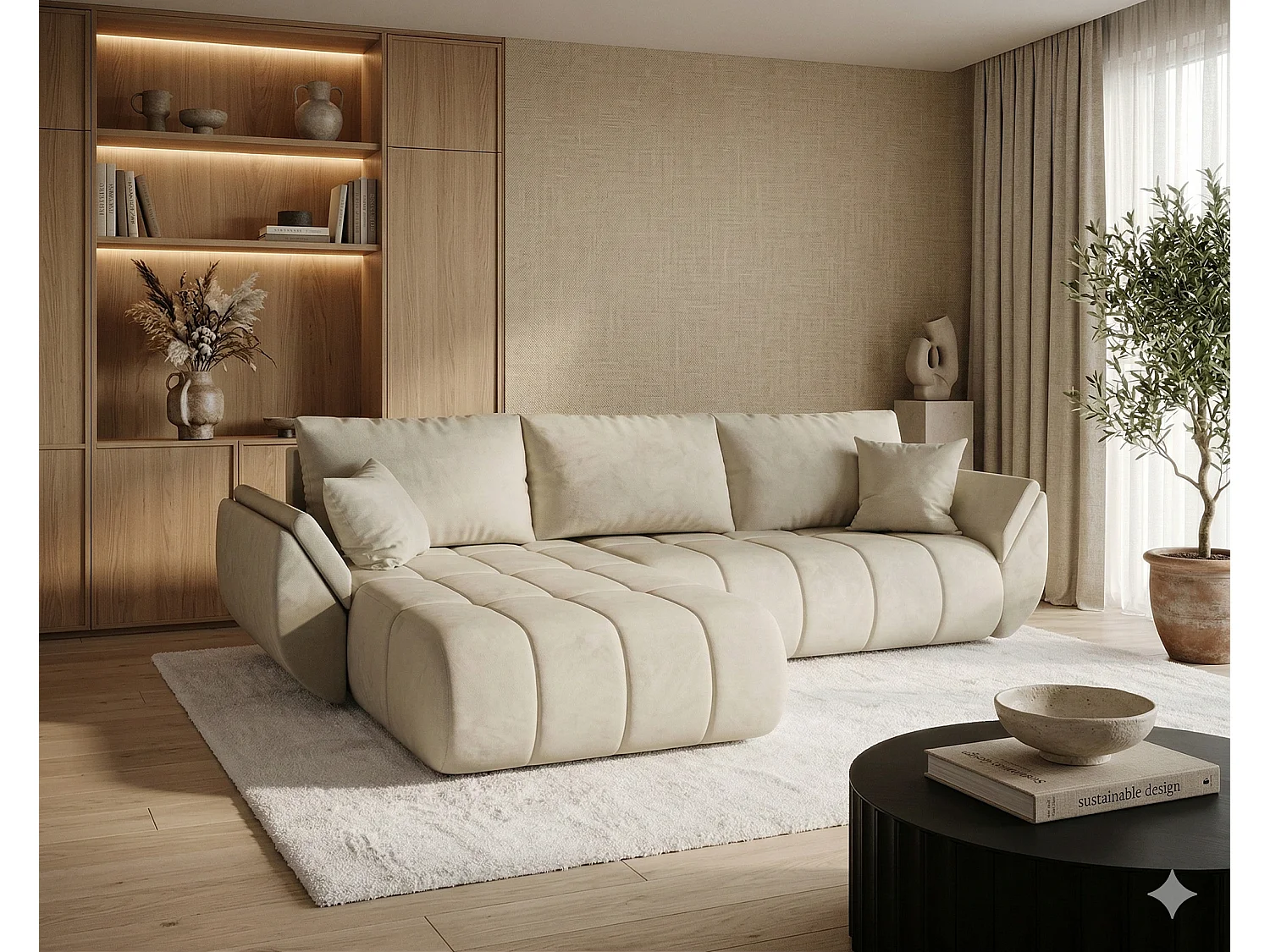 Canapé d’angle velours convertible avec coffre design moderne ARCO-Blanc cassé-angle gauche