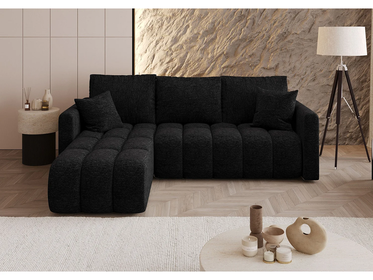 Canapé d'angle GARDA gauche noir tricot Aragon 99 - fonction couchage, coffre à literie