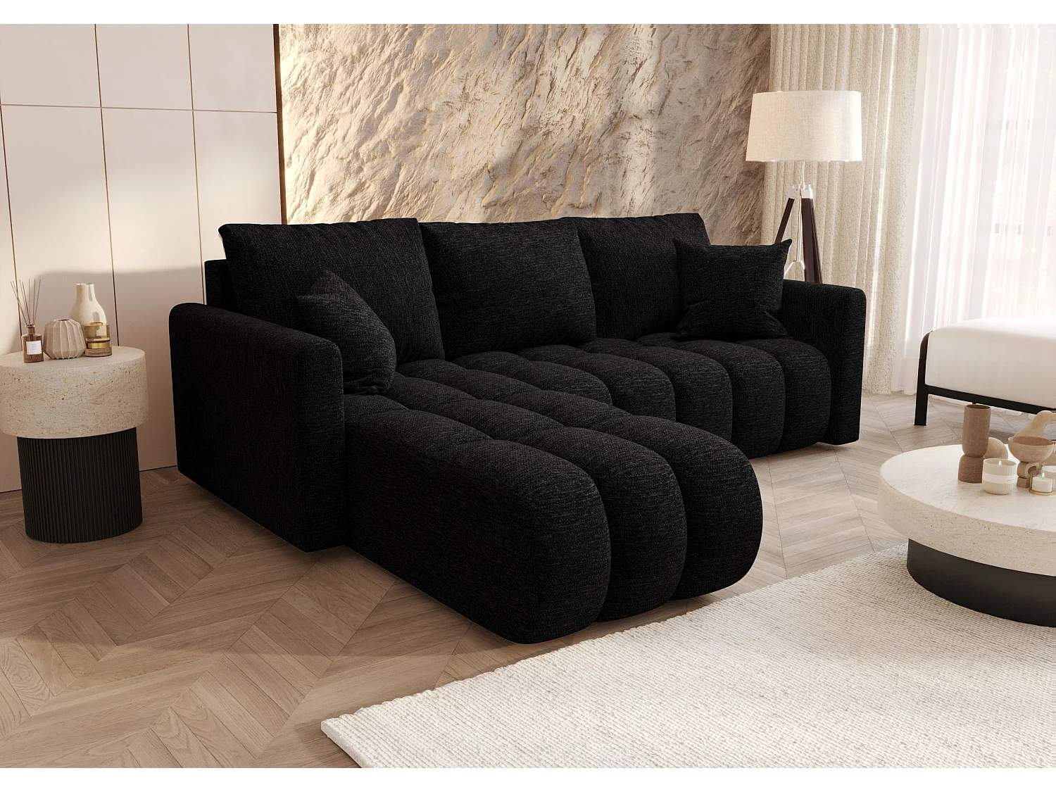 Canapé d'angle GARDA gauche noir tricot Aragon 99 - fonction couchage, coffre à literie