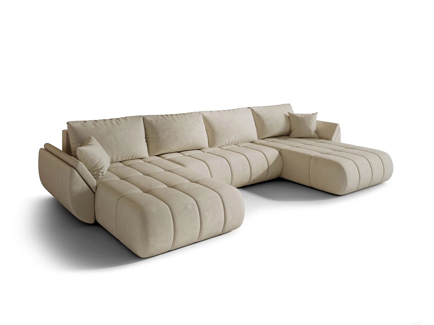Canapé d'angle SYDNEY PREMIUM en U beige velours Monolith 2 - fonction couchage, coffre à literie