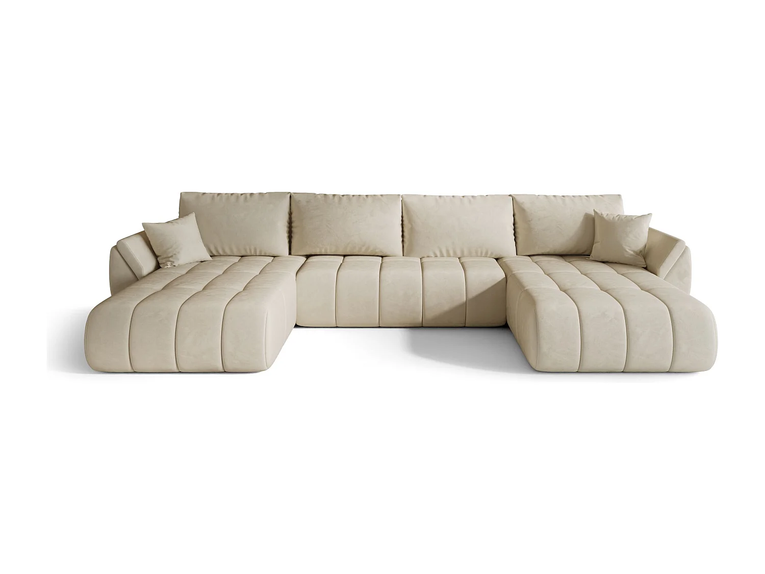 Canapé d'angle SYDNEY PREMIUM en U beige velours Monolith 2 - fonction couchage, coffre à literie