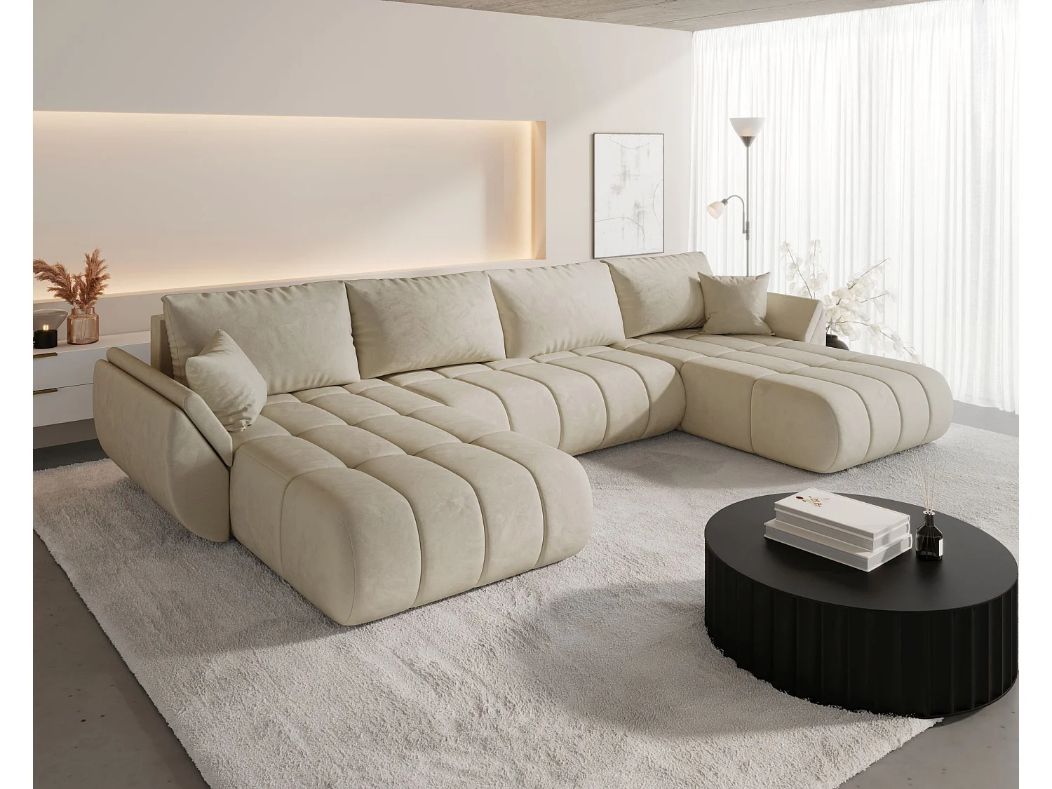 Canapé d'angle SYDNEY PREMIUM en U beige velours Monolith 2 - fonction couchage, coffre à literie