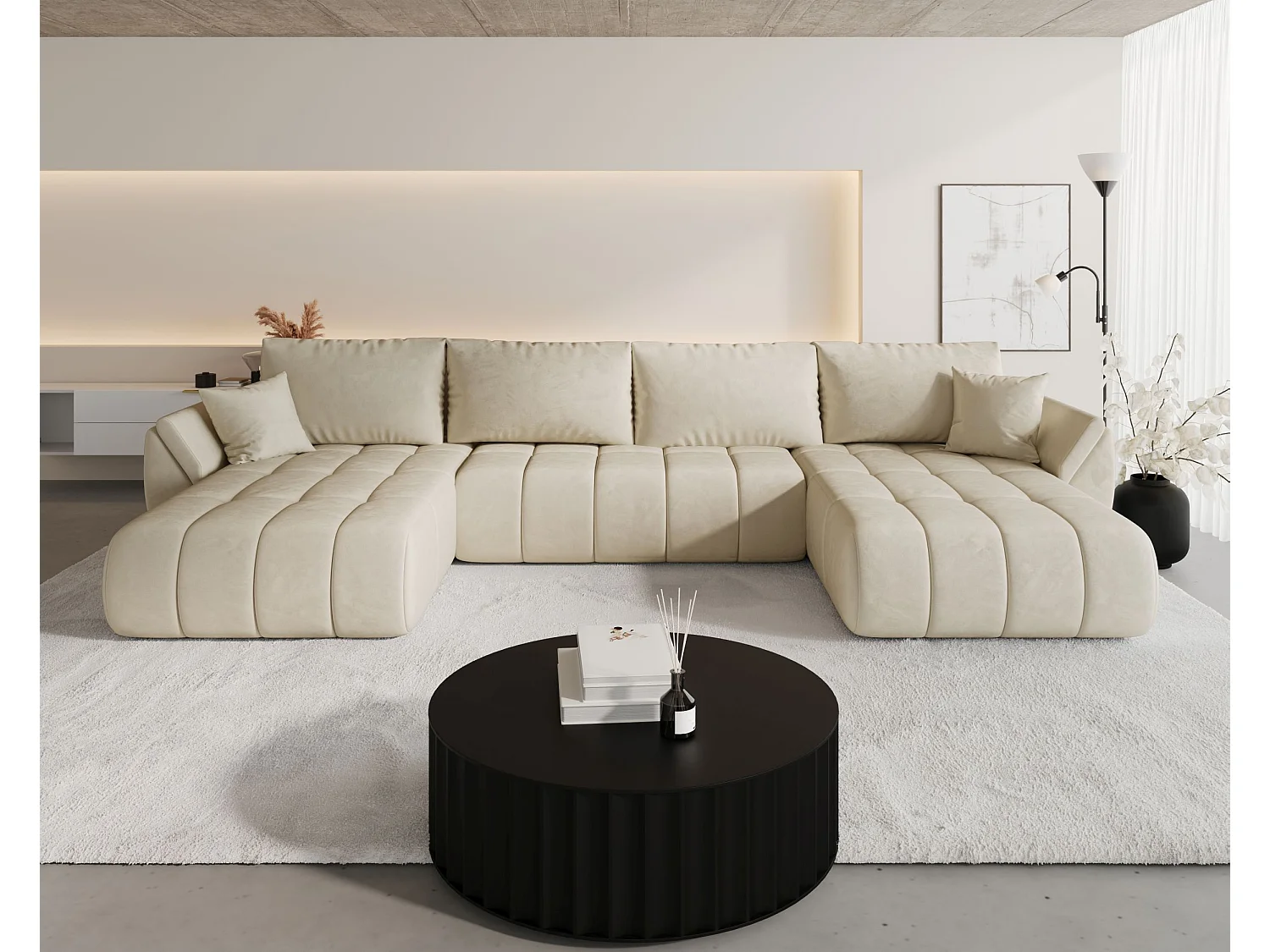 Canapé d'angle SYDNEY PREMIUM en U beige velours Monolith 2 - fonction couchage, coffre à literie