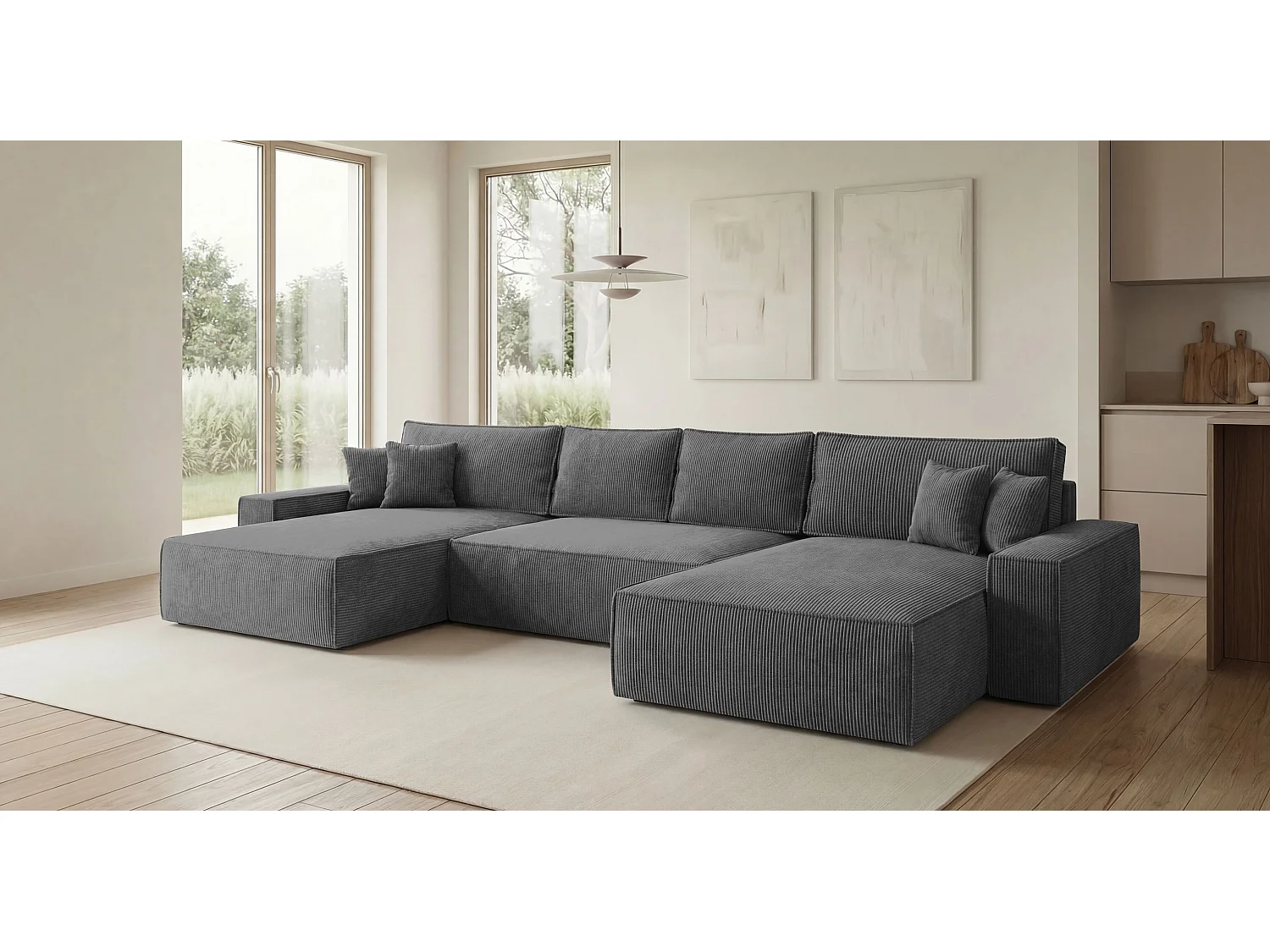 Canapé d'angle CALIFORNIA en U gris foncé velours côtelé POSO 60 - fonction couchage, coffre à literie