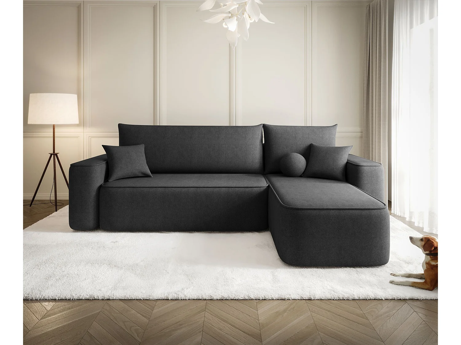 Canapé d'angle TEXAS droit graphite tricot Curio 97 - fonction couchage, coffre à literie