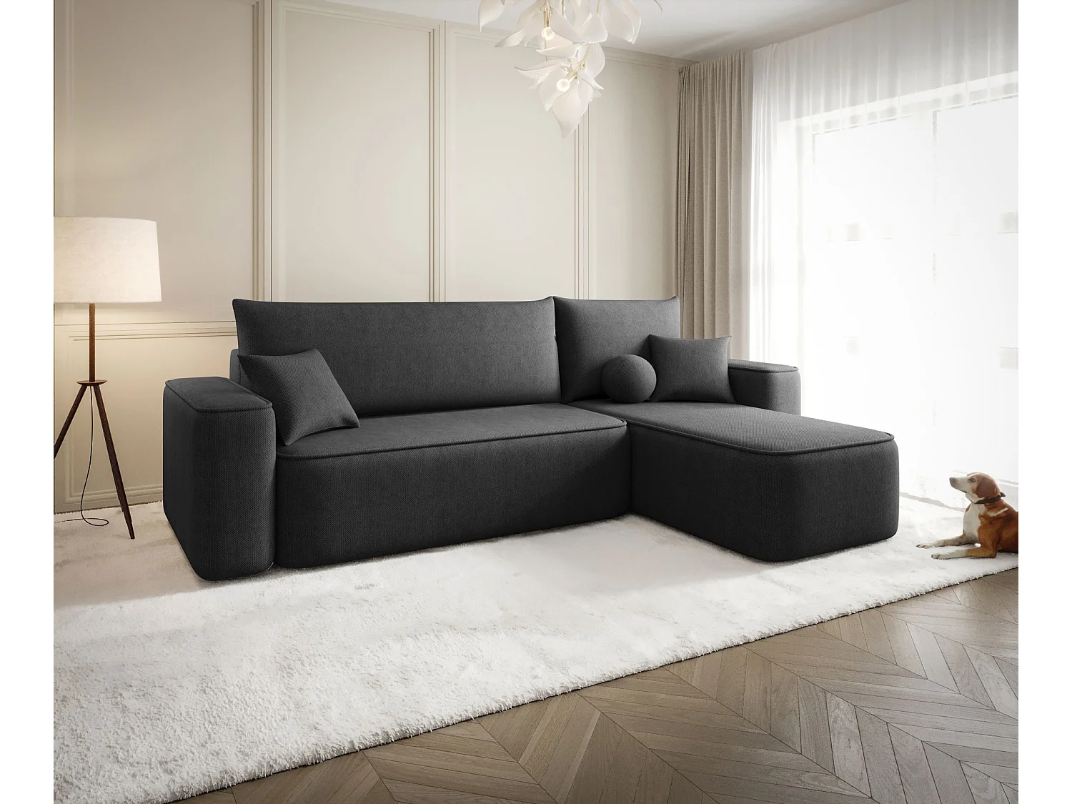 Canapé d'angle TEXAS droit graphite tricot Curio 97 - fonction couchage, coffre à literie