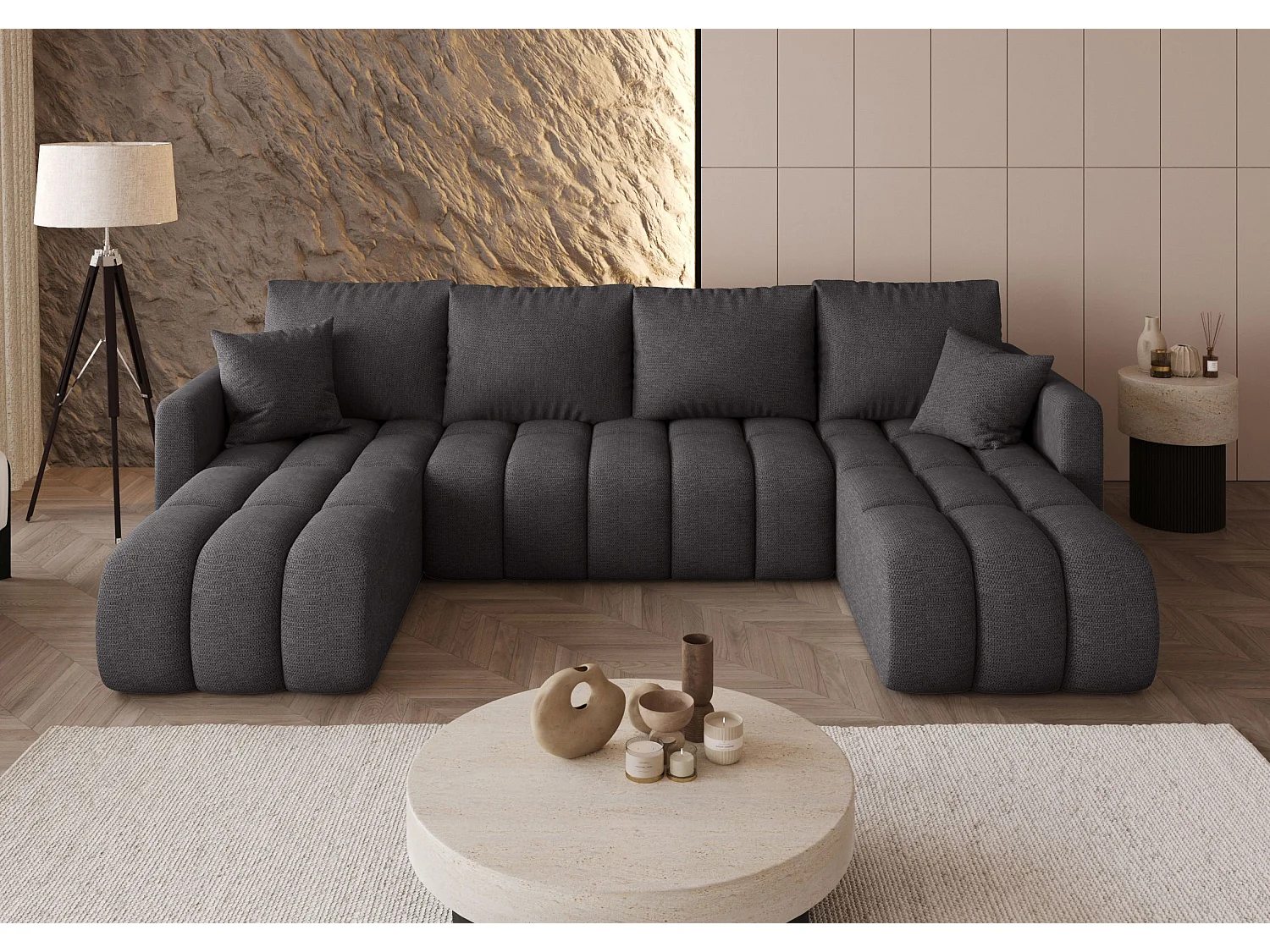 Canapé d'angle GARDA en U gris tricot Aragon 93 - fonction couchage, coffre à literie
