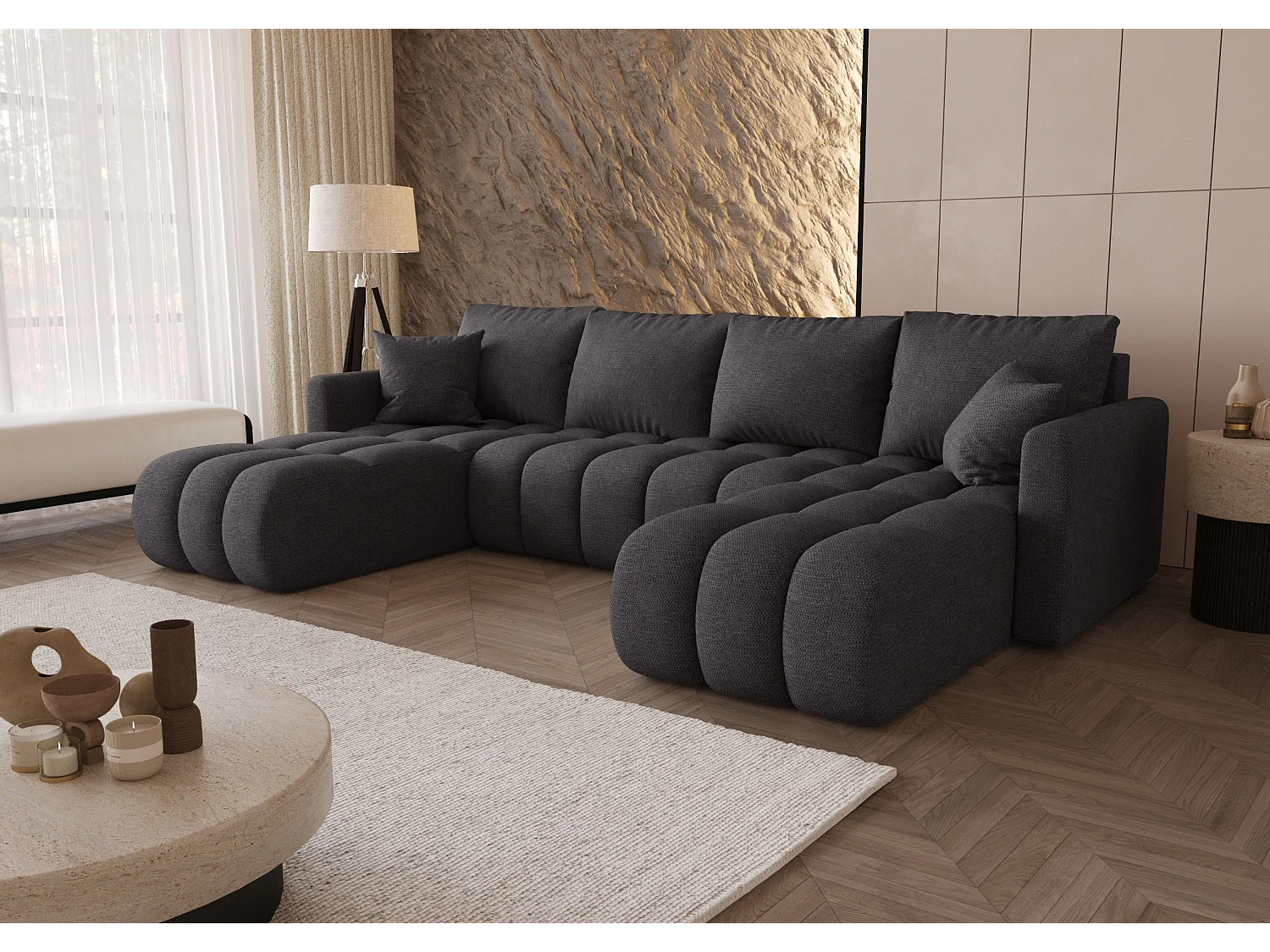Canapé d'angle GARDA en U gris tricot Aragon 93 - fonction couchage, coffre à literie