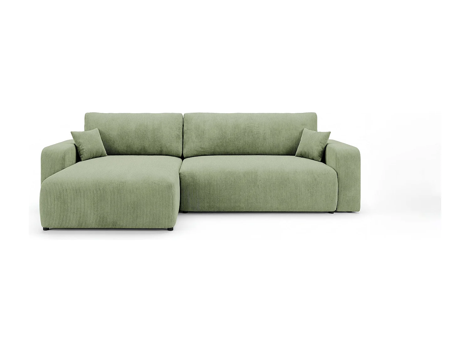 Canapé d'angle BERLIN gauche vert clair velours côtelé Poso 47 - fonction couchage, coffre à literie