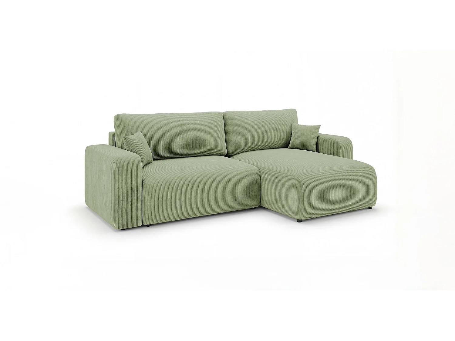 Canapé d'angle BERLIN gauche vert clair velours côtelé Poso 47 - fonction couchage, coffre à literie