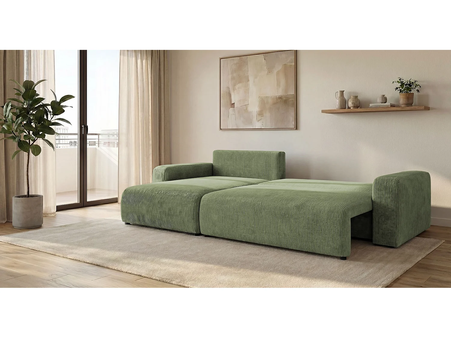 Canapé d'angle BERLIN gauche vert clair velours côtelé Poso 47 - fonction couchage, coffre à literie