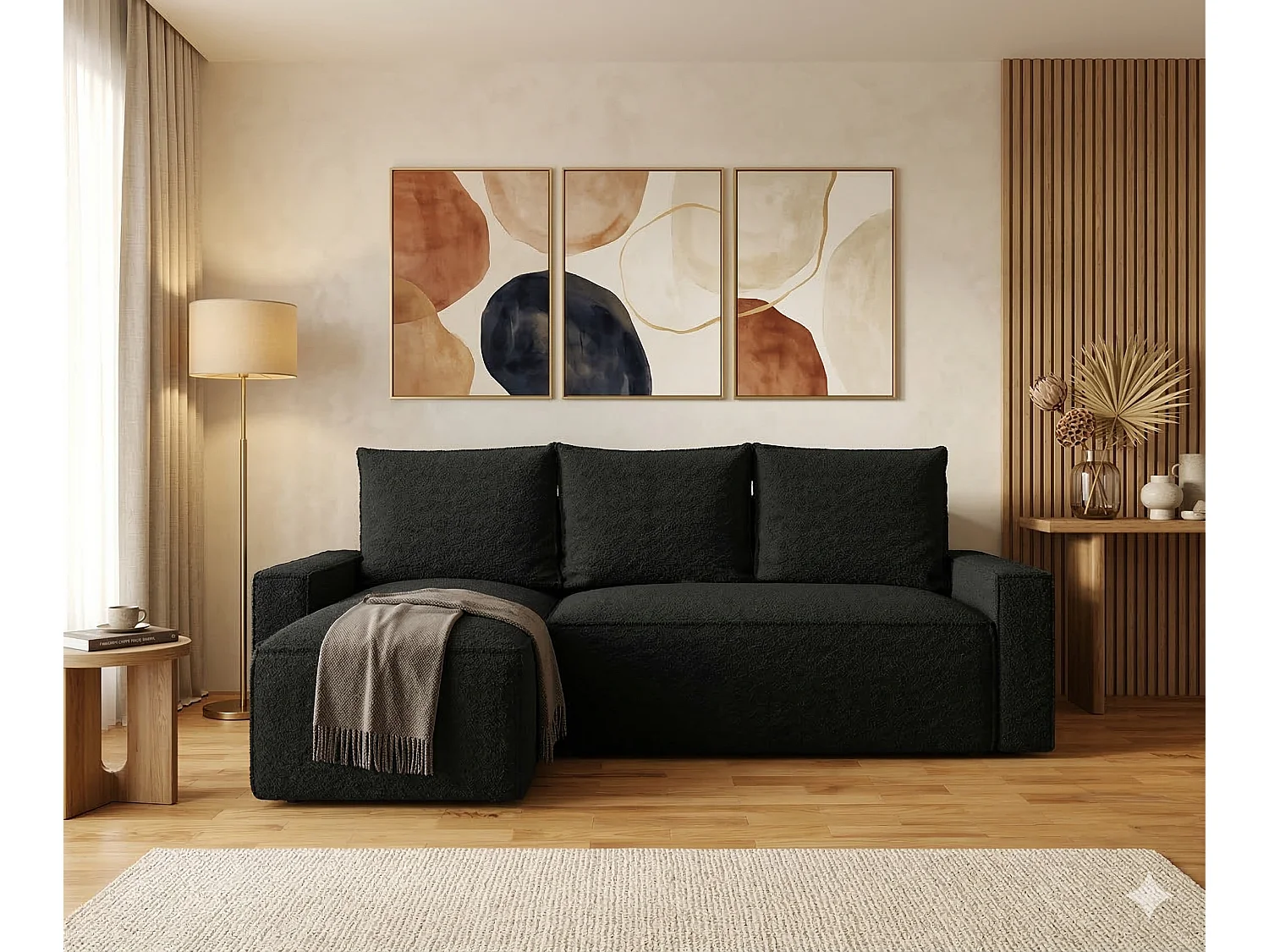 Canapé d'angle gauche 3 places convertible avec coffre en tissu noir NORE