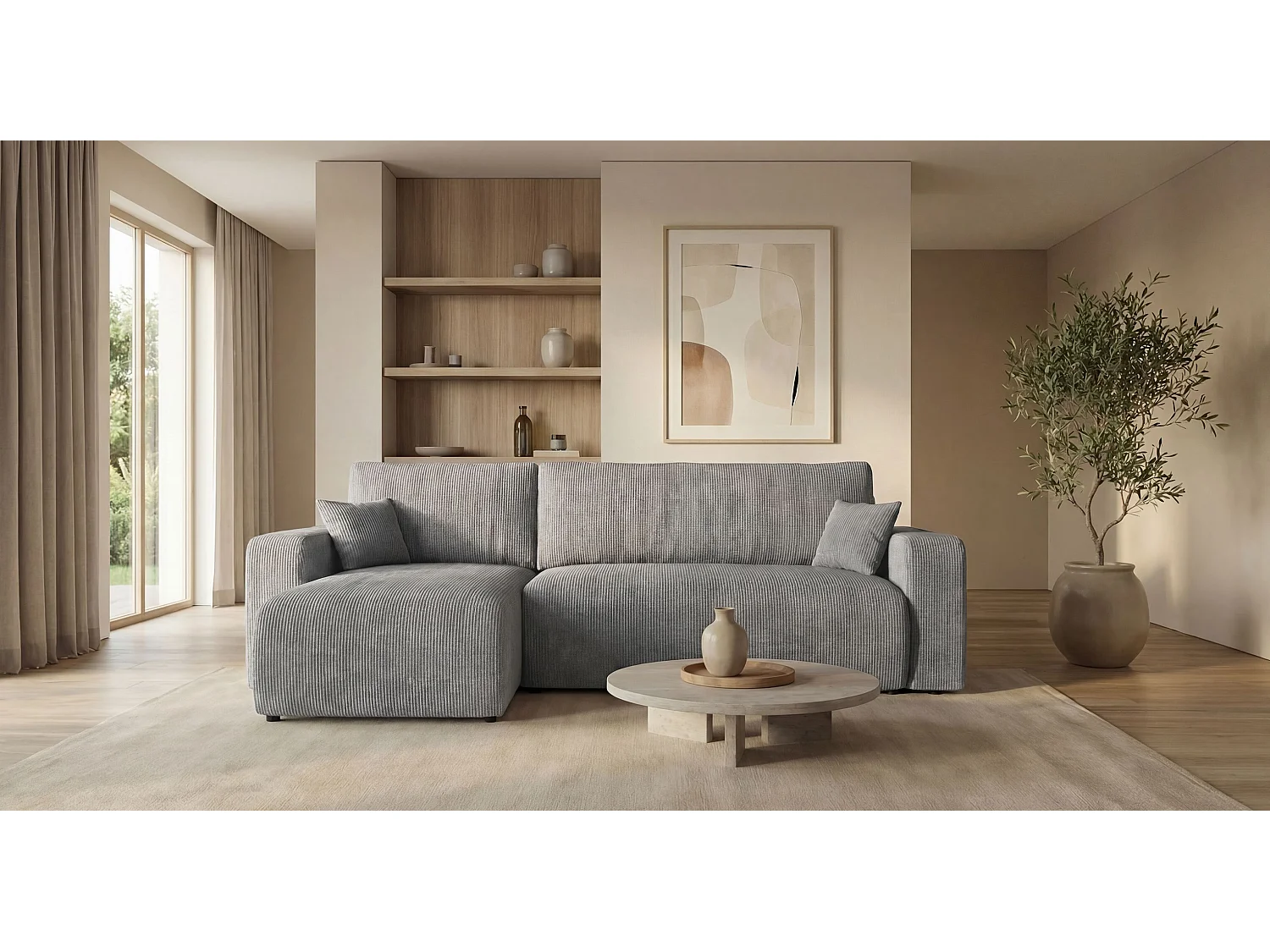 Canapé d'angle PARIS gauche gris velours côtelé Poso 55 - fonction couchage, coffre à literie