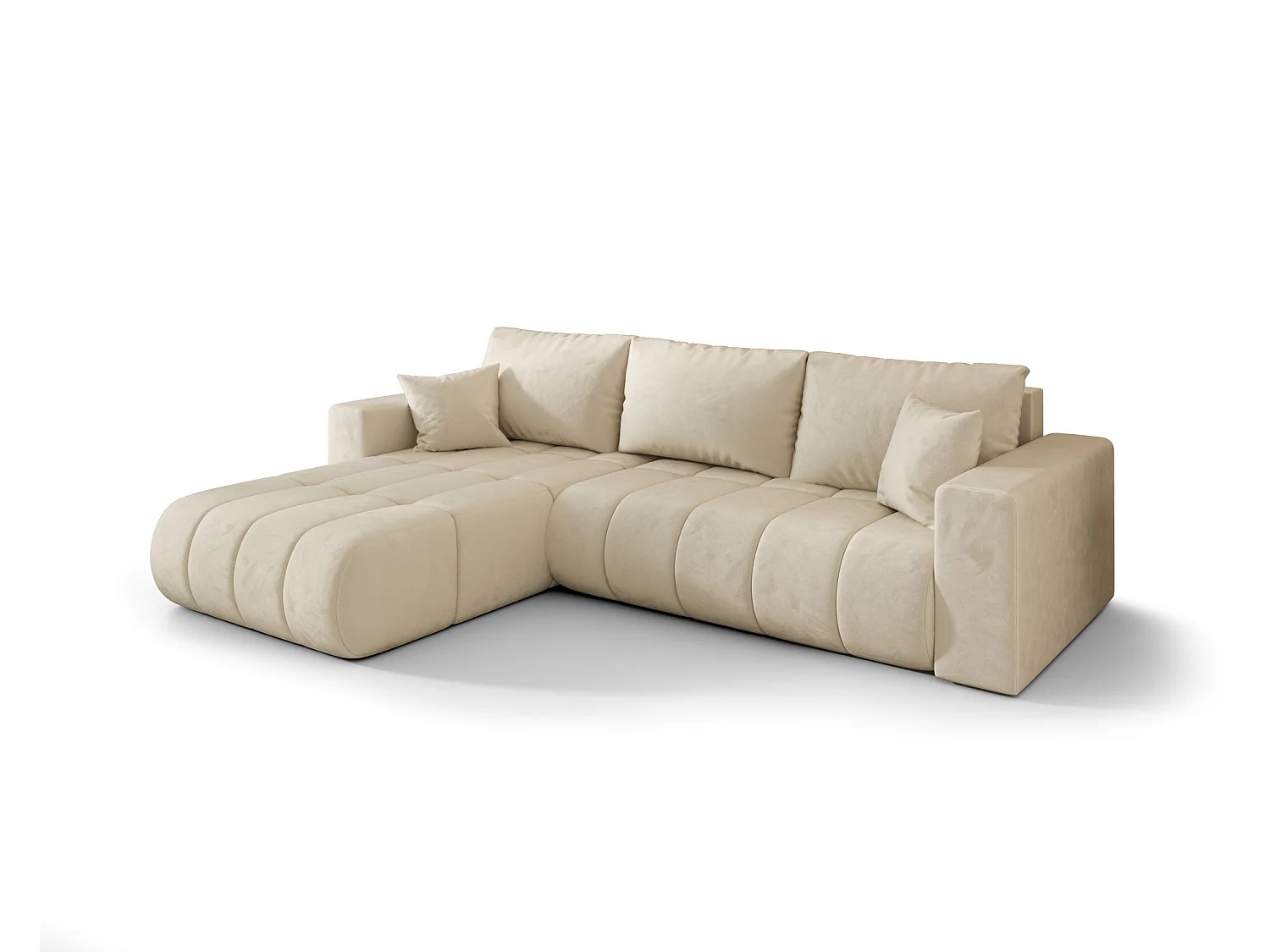 Canapé d'angle LARA PREMIUM gauche beige velours Monolith 2 - fonction couchage, coffre à literie