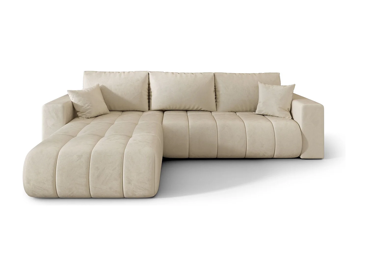 Canapé d'angle LARA PREMIUM gauche beige velours Monolith 2 - fonction couchage, coffre à literie