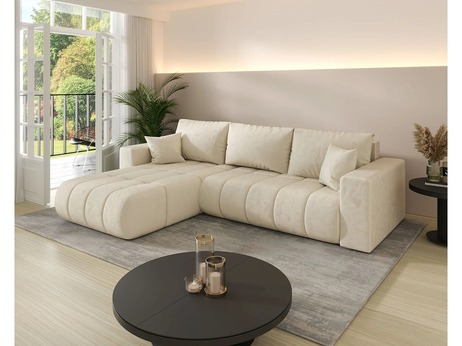Canapé d'angle LARA PREMIUM gauche beige velours Monolith 2 - fonction couchage, coffre à literie