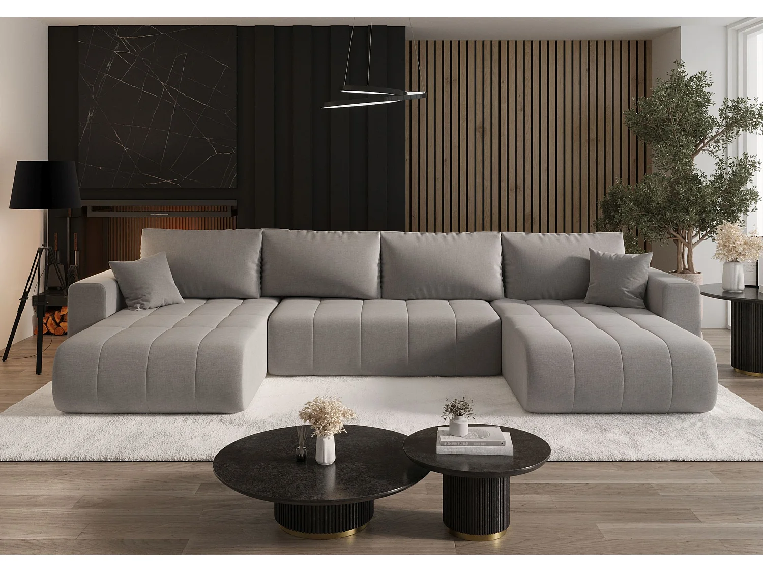 Canapé d'angle LARA en U beige tricot Wind 11 - fonction couchage, coffre à literie