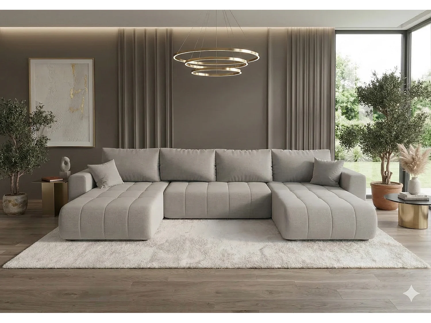 Canapé d’angle velours chenille panoramique convertible avec coffre SVEN-Beige foncé