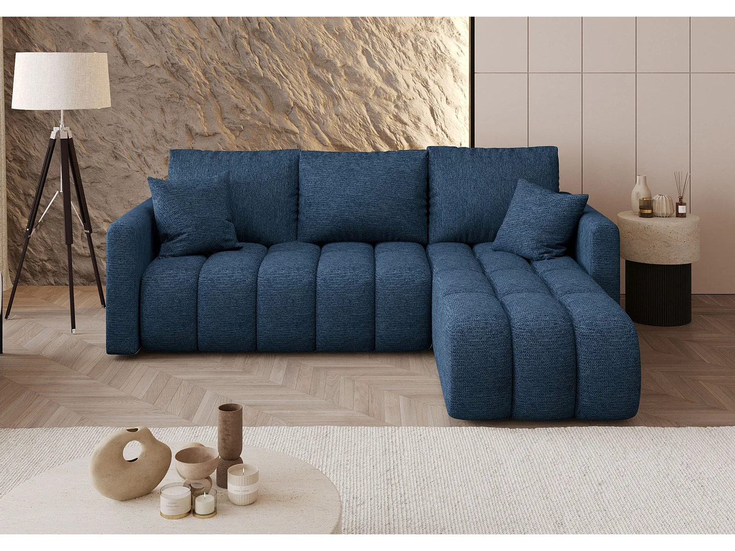 Canapé d'angle GARDA droit bleu foncé tricot Aragon 79 - fonction couchage, coffre à literie
