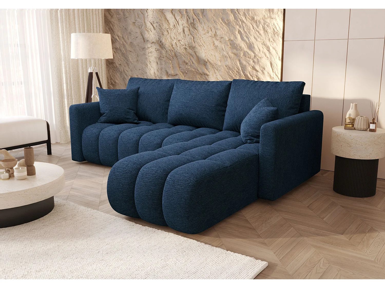 Canapé d'angle GARDA droit bleu foncé tricot Aragon 79 - fonction couchage, coffre à literie