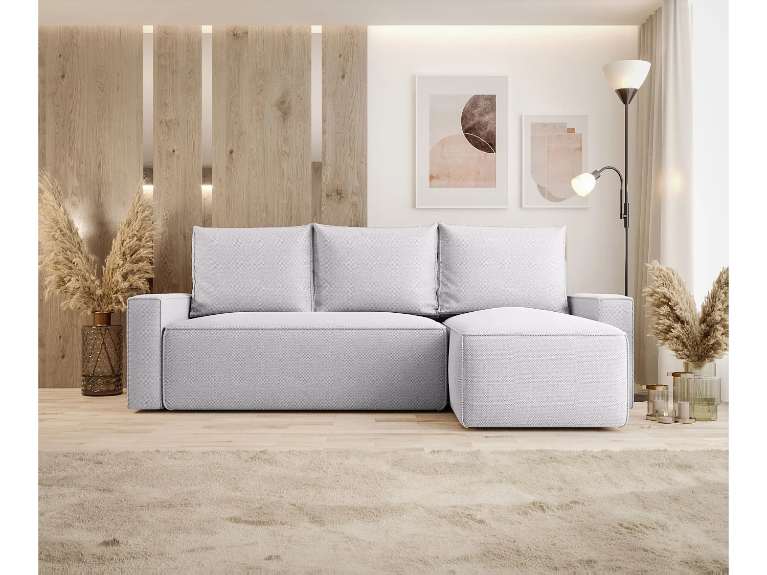 Canapé d'angle HAVANA droit gris clair tricot Curio 80 - fonction couchage, coffre à literie
