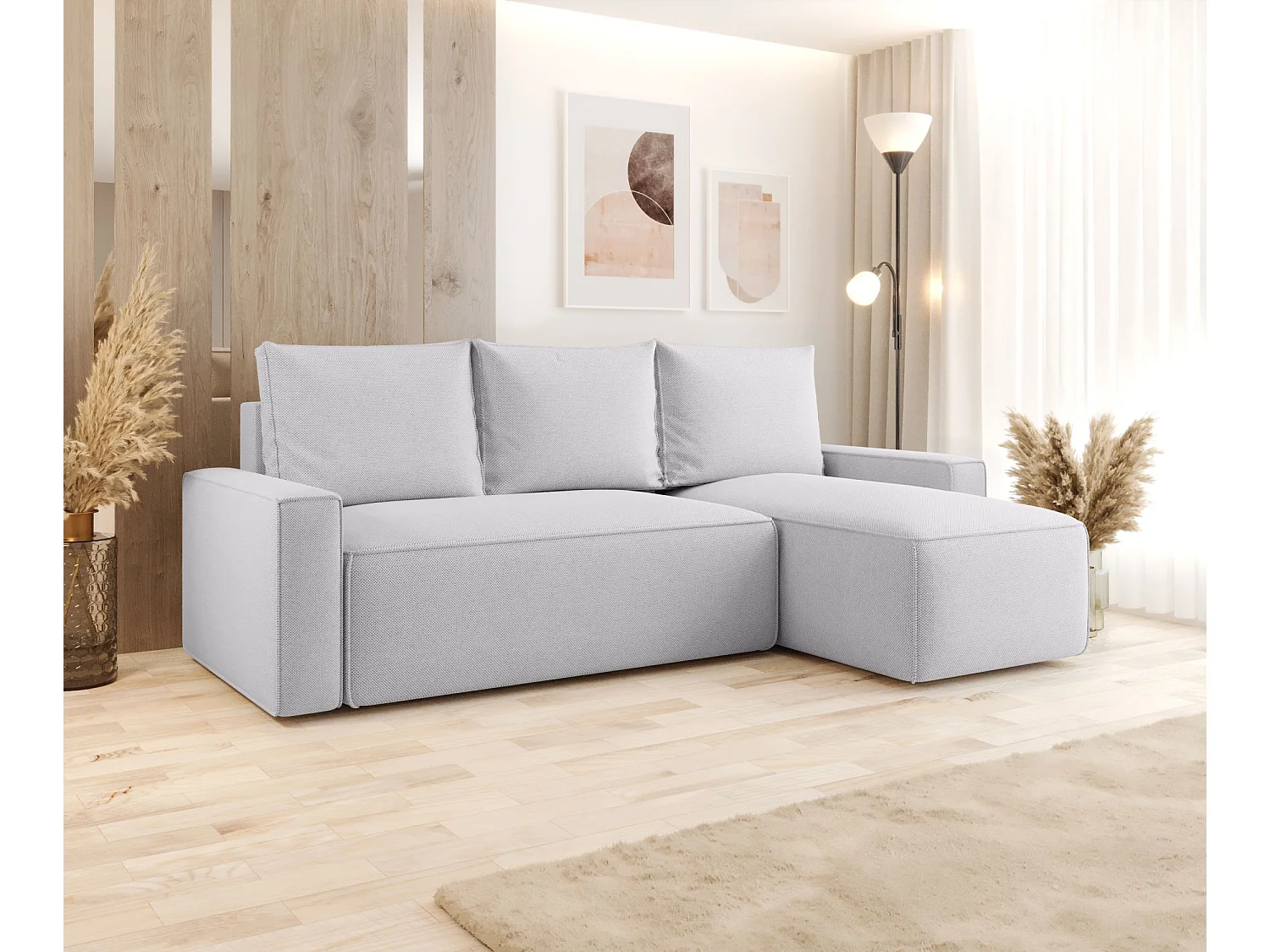 Canapé d'angle HAVANA droit gris clair tricot Curio 80 - fonction couchage, coffre à literie