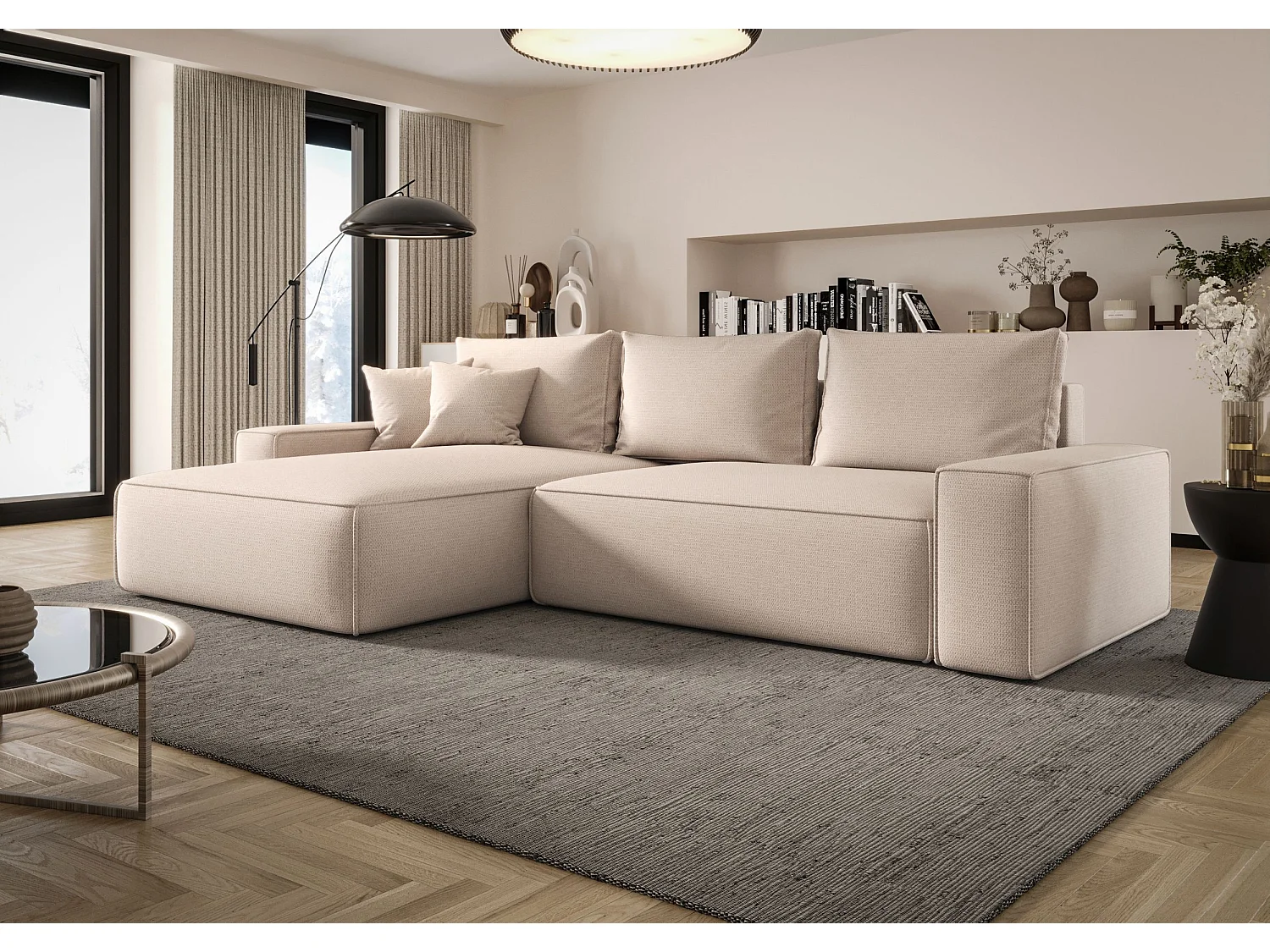 Canapé d'angle CALIFORNIA gauche beige clair tricot Aragon 3 - fonction couchage, coffre à literie