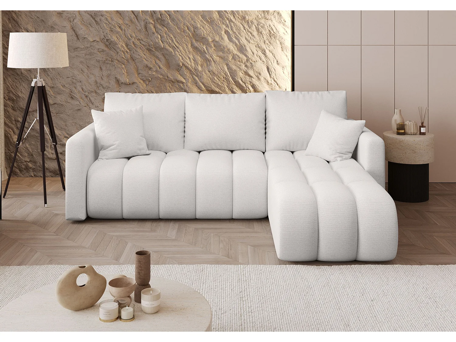 Canapé d'angle GARDA droit blanc tricot Aragon 1 - fonction couchage, coffre à literie