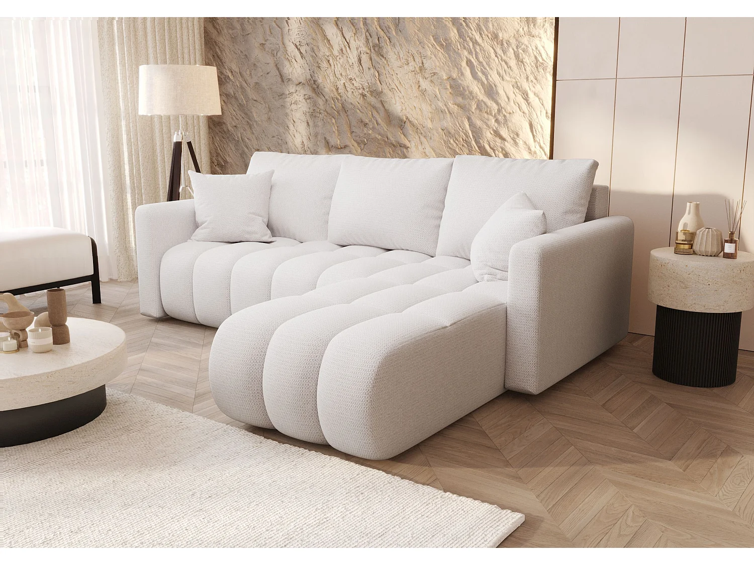 Canapé d'angle GARDA droit blanc tricot Aragon 1 - fonction couchage, coffre à literie