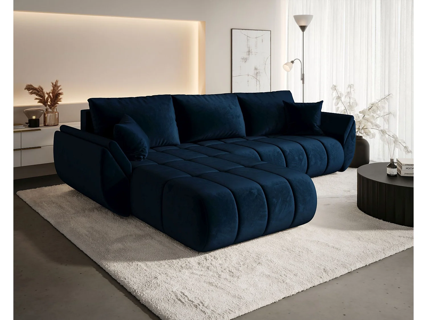 Canapé d'angle SYDNEY PREMIUM gauche bleu foncé velours Monolith 77 - fonction couchage, coffre à literie