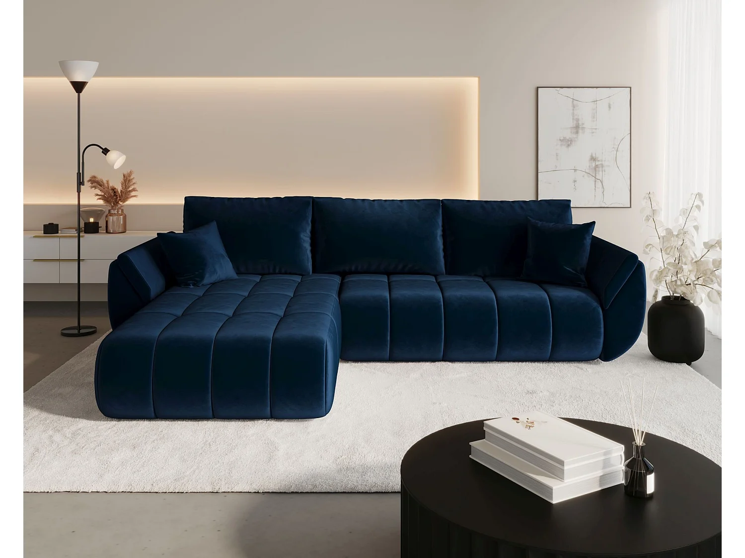 Canapé d'angle SYDNEY PREMIUM gauche bleu foncé velours Monolith 77 - fonction couchage, coffre à literie