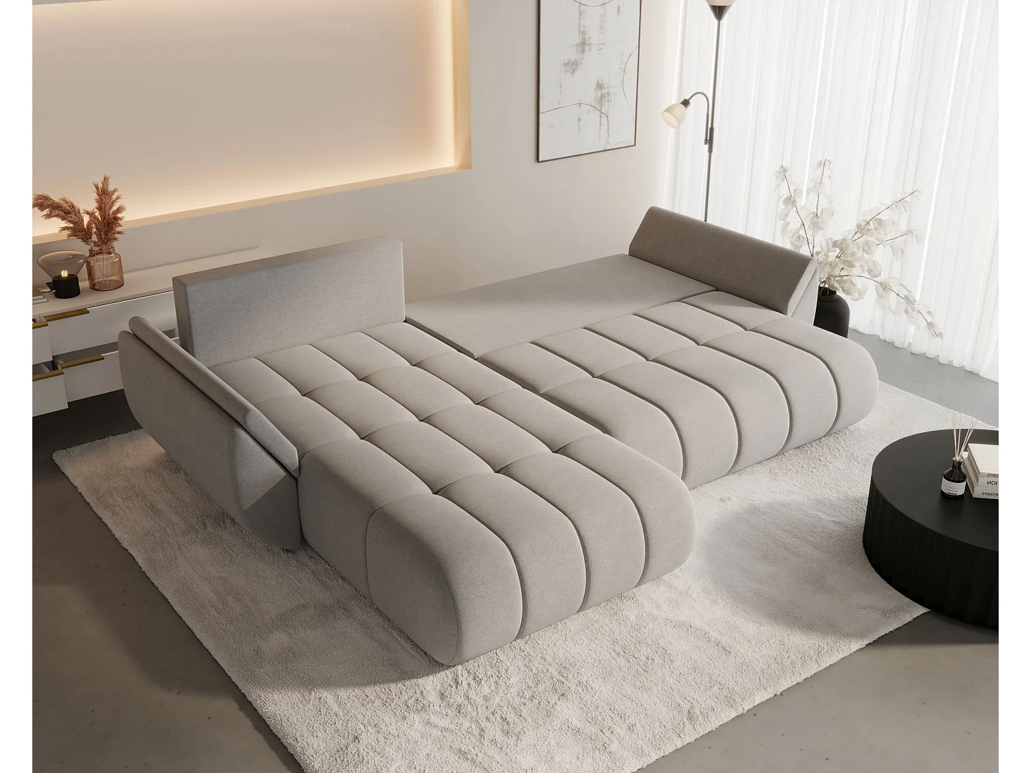 Canapé d'angle SYDNEY PREMIUM gauche bleu foncé velours Monolith 77 - fonction couchage, coffre à literie