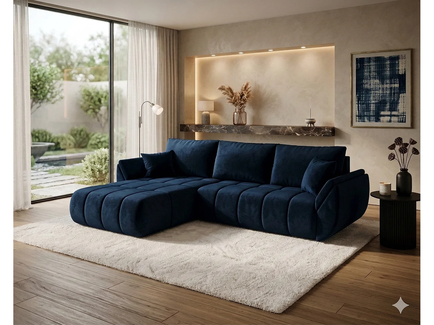 ARCO moderne design hoekbank van fluweel met opbergruimte-Donkerblauw-linkerhoek
