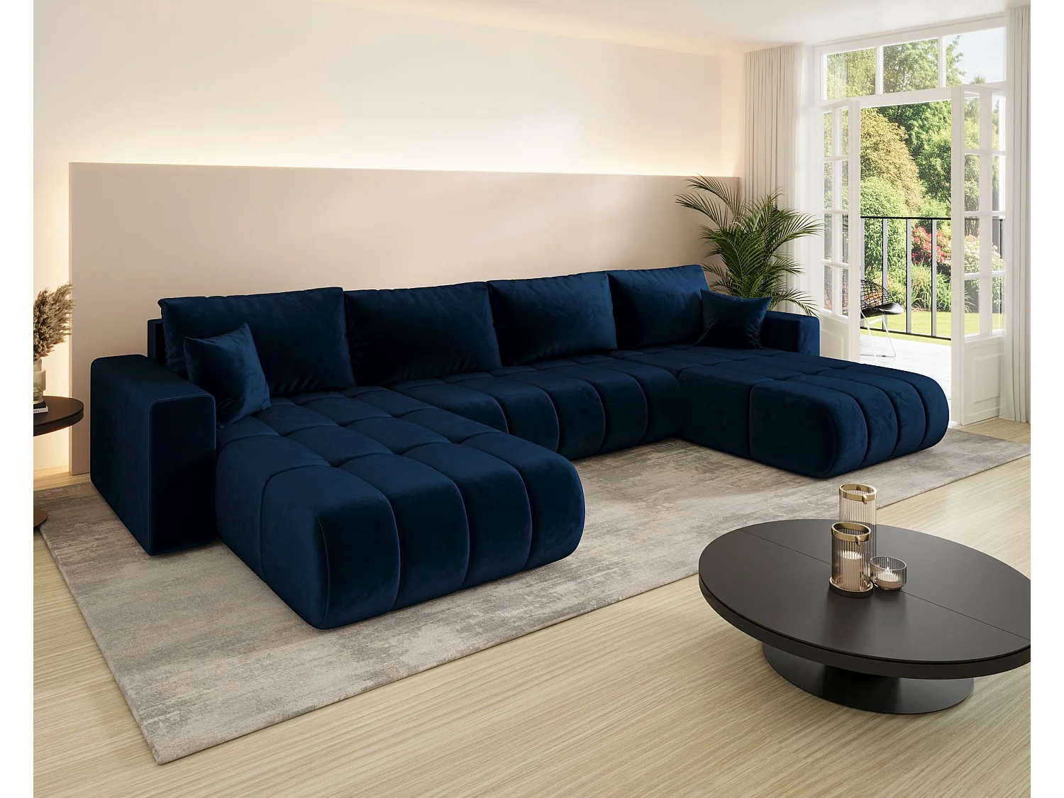 Canapé d'angle LARA PREMIUM en U bleu foncé velours Monolith 77 - fonction couchage, coffre à literie
