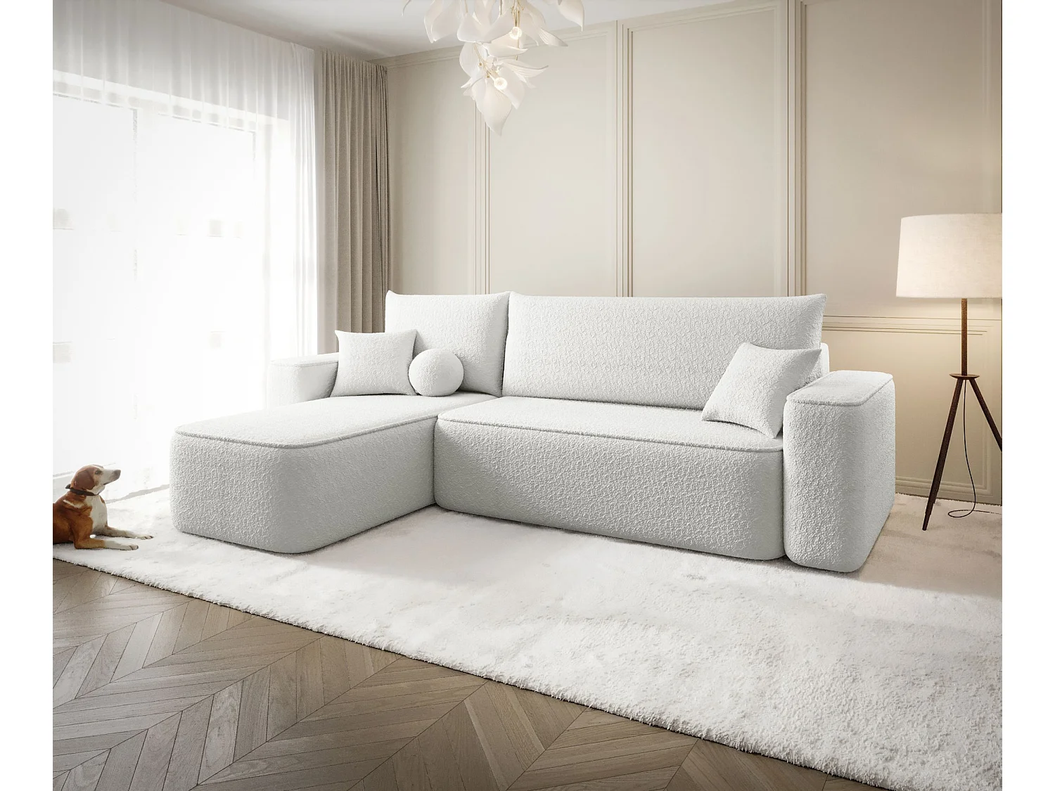 Canapé d'angle TEXAS gauche blanc Bukle Quelle 1 - fonction couchage, coffre à literie