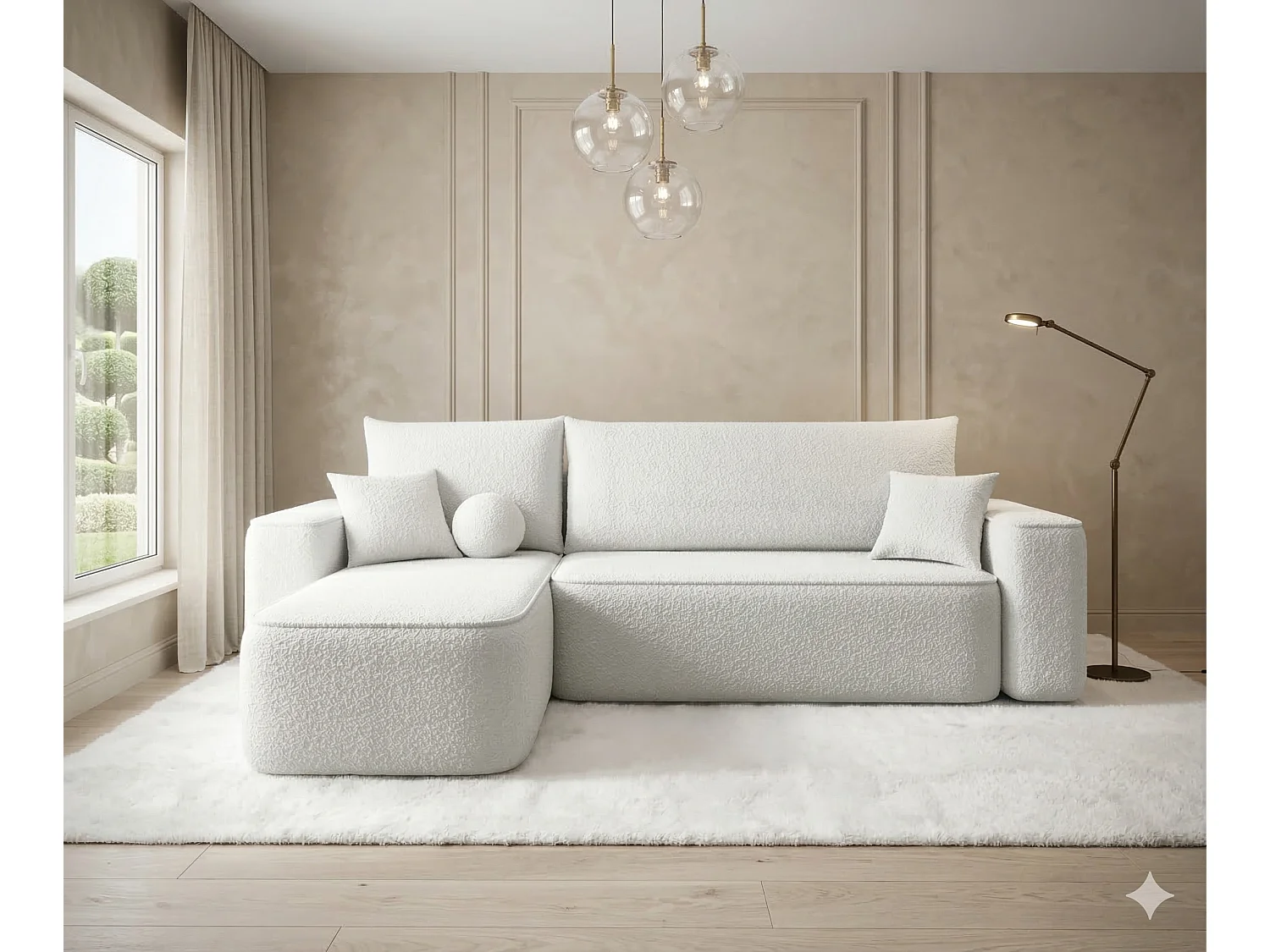 Canapé d'angle gauche 3 places convertible avec coffre en tissu gris clair CENA