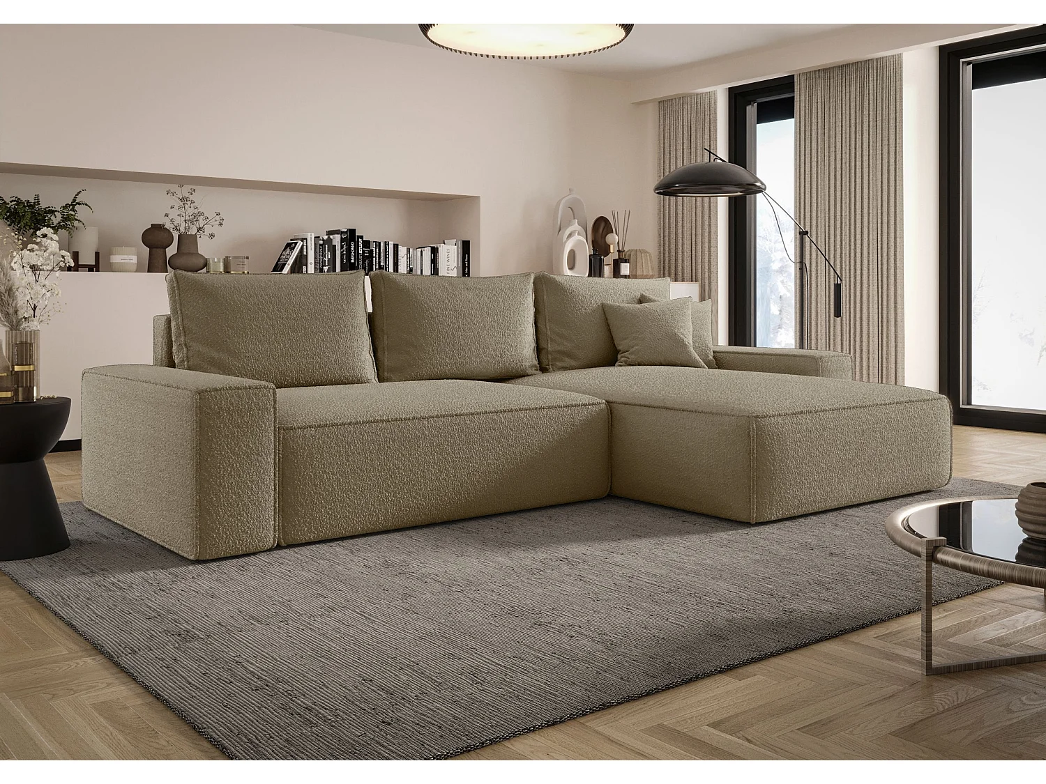 Canapé d'angle CALIFORNIA droit Jasno Brazowy Bukle Quelle 18 - fonction couchage, coffre à literie