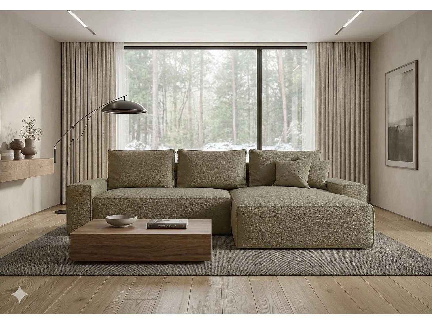 Canapé d’angle tissu bouclé convertible avec coffre NINA-Marron clair-angle droit