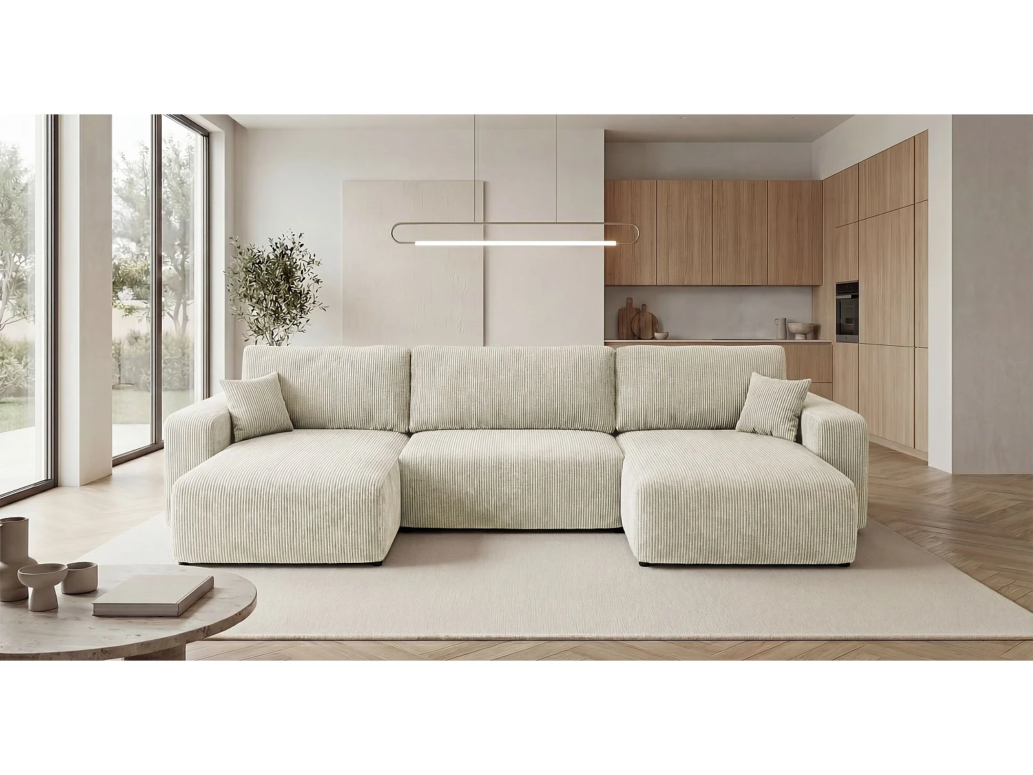 Canapé d'angle BERLIN en U blanc velours côtelé Poso 100 - fonction couchage, coffre à literie