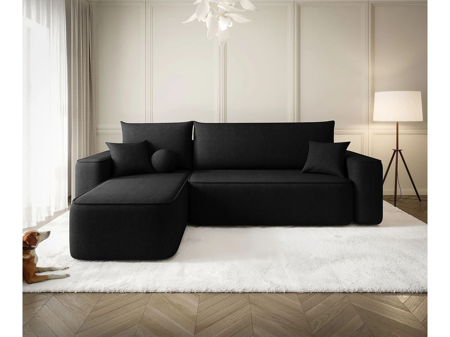 Canapé d'angle TEXAS gauche noir tricot Curio 99 - fonction couchage, coffre à literie