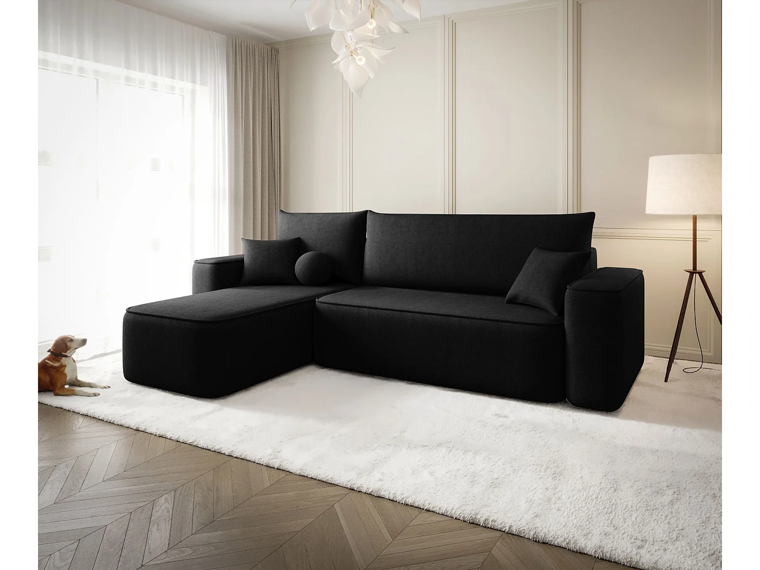Canapé d'angle TEXAS gauche noir tricot Curio 99 - fonction couchage, coffre à literie